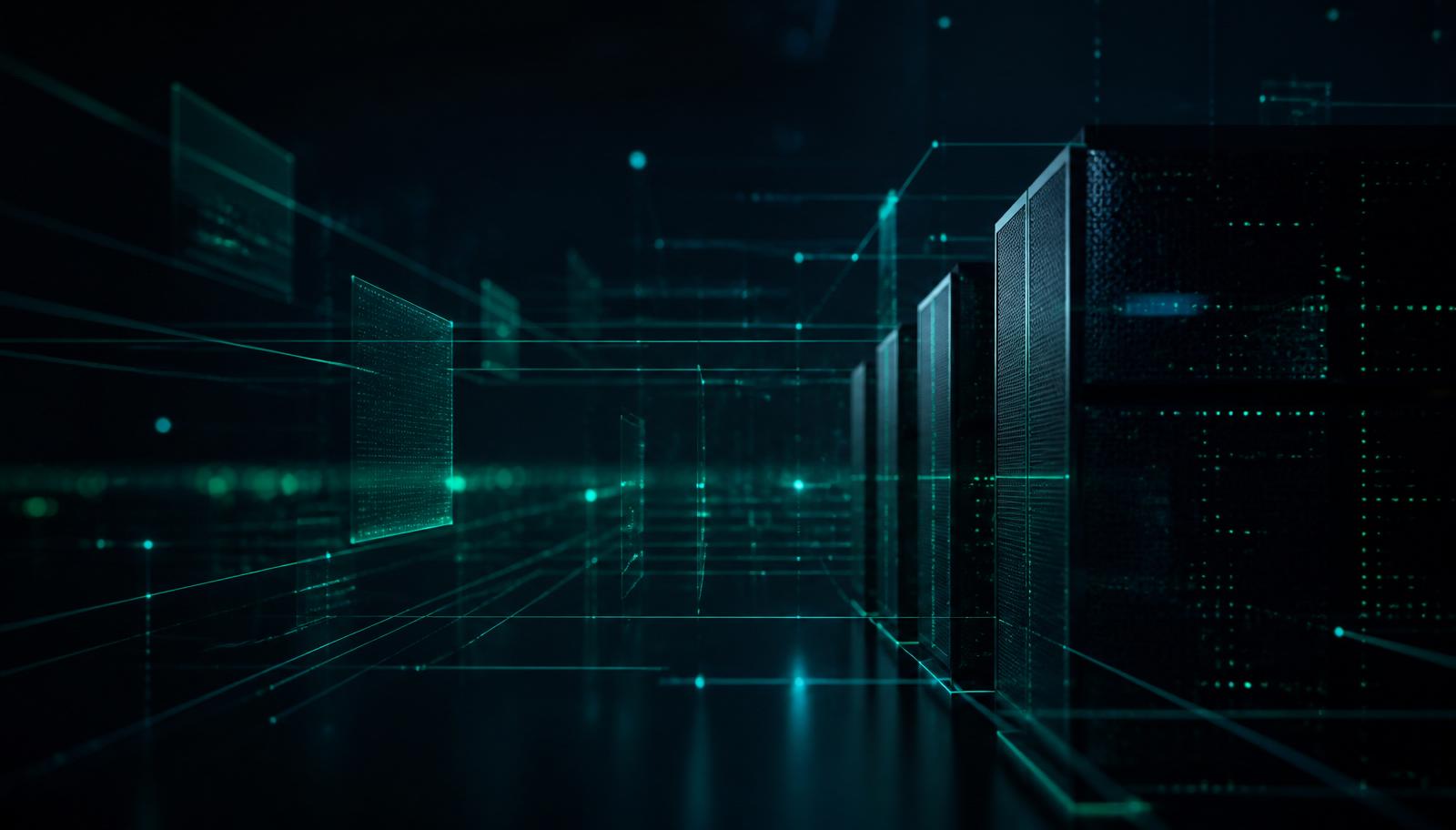 Abstract dark server infrastructure with glowing network grid